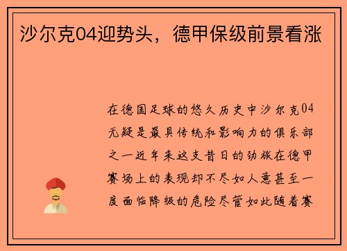 沙尔克04迎势头，德甲保级前景看涨