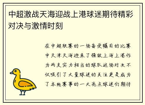 中超激战天海迎战上港球迷期待精彩对决与激情时刻